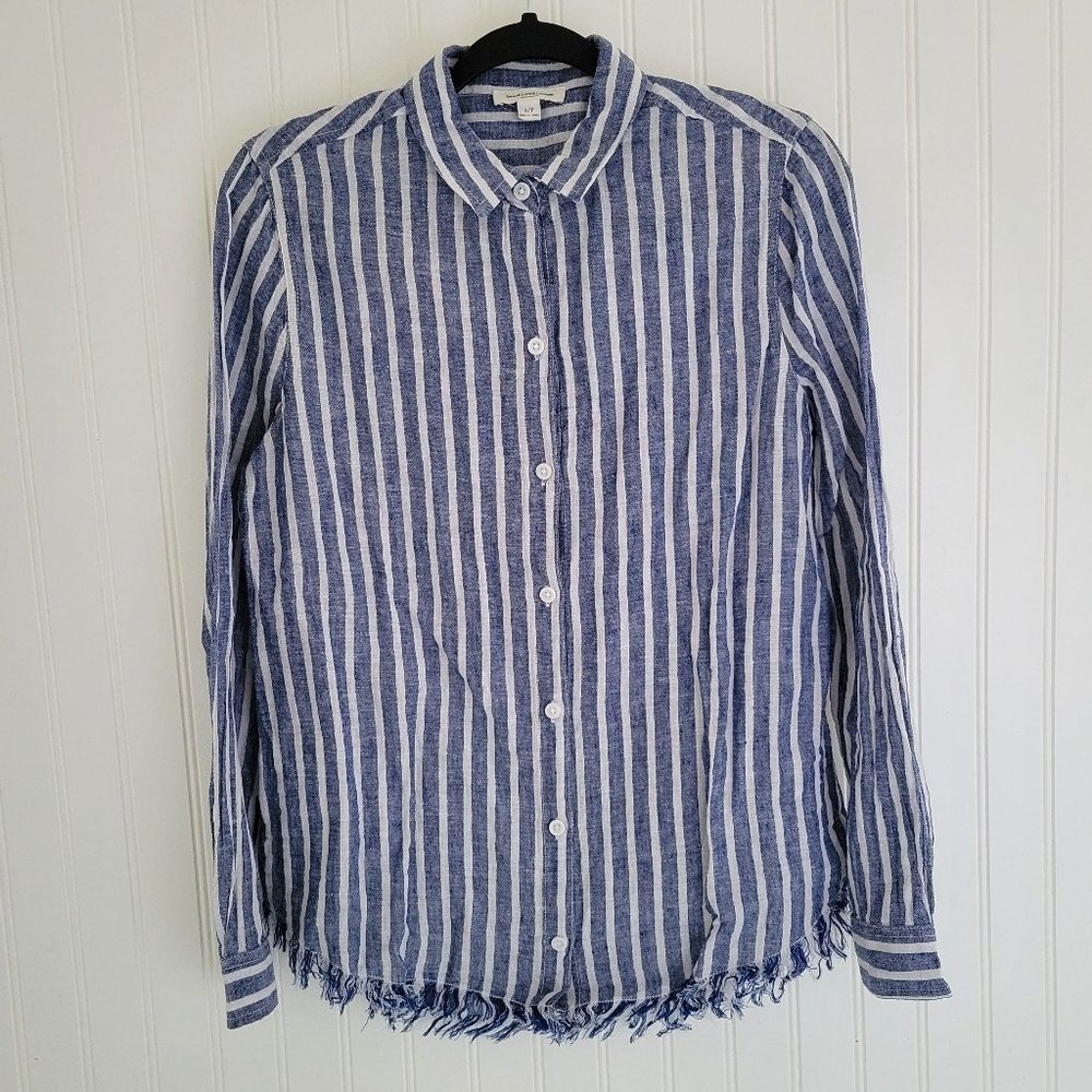 Beachlunchlounge Linen blue white striped long sleeve shirt